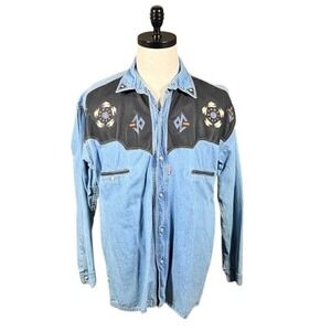 Shooter Mens Vintage Denim Western Shirt Light‎ Wash Embroidered Leather Yoke M
